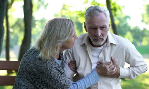 Healthcare, pensioner suffering from strong chest pain, heart attack risk